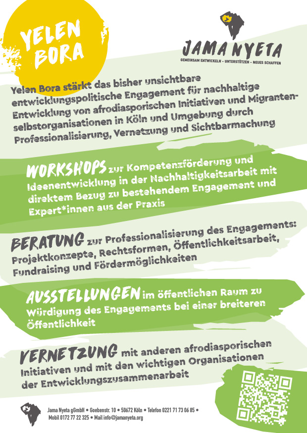 Kick-Off-Veranstaltung "Yelen Bora": Neues Projekt zur Sichtbarkeit und Stärkung afrodiasporischen Engagements für nachhaltige Entwicklung 2 Yelen Bora A6 Postcard2